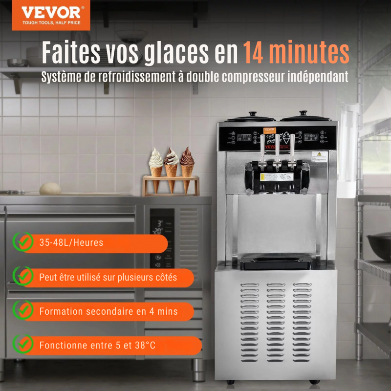 Machine à Glace Italienne Commerciale 34-44 L/h 1850 W 3 Saveurs | Trémie 2x9 L | Panneau LED | Utilisation à Un Seul Cylindre Disponible | Réfrigération de Nuit – Image 2